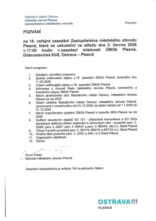 Pozvání na 16. veřejné zasedání Zastupitelstva