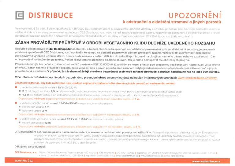 Upozornění k ostranění a okleštění stromoví a jiných porostů