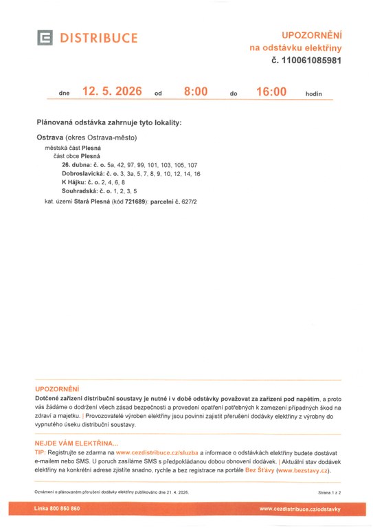 Upozornění na odstávku elektřiny 12.5.2026