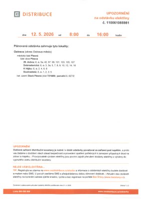 Upozornění na odstávku elektřiny 12.5.2026