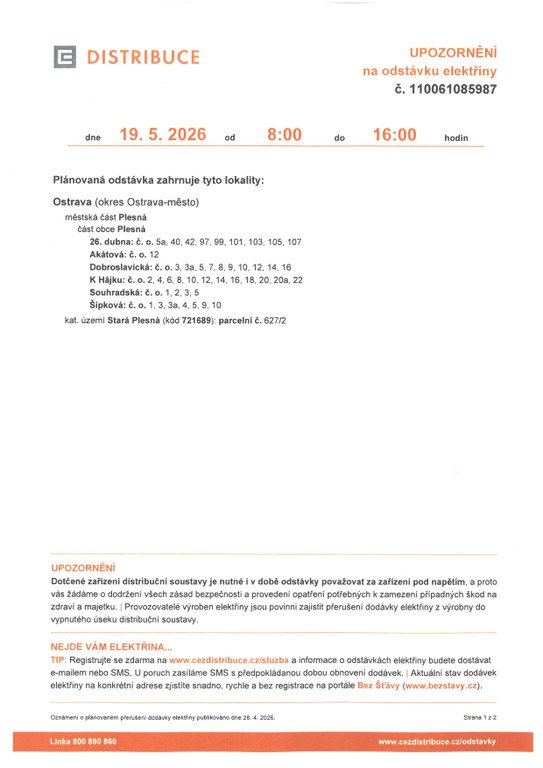 Upozornění na odstávku elektřiny 19.5.2026