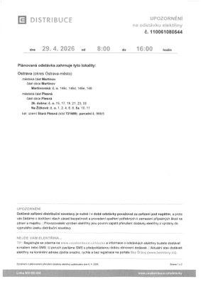 Upozornění na odstávku elektřiny 29.4.2026