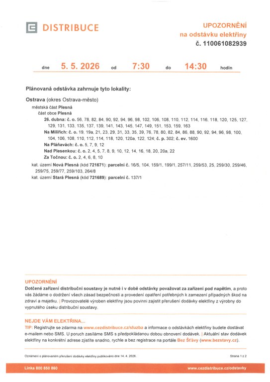 UPOZORNĚNÍ NA ODSTÁVKU ELEKTŘINY 5.5.2026