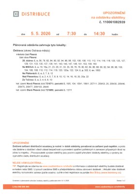 UPOZORNĚNÍ NA ODSTÁVKU ELEKTŘINY 5.5.2026